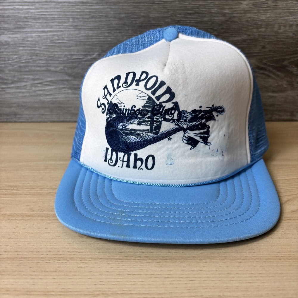 VINTAGE Sandpoint Idaho Hat Cap Snap Back Blue White Trucker Mesh Mens 80s